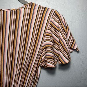 70s colorful xhilaration short slv striped button up dress / size S / ruffle hem